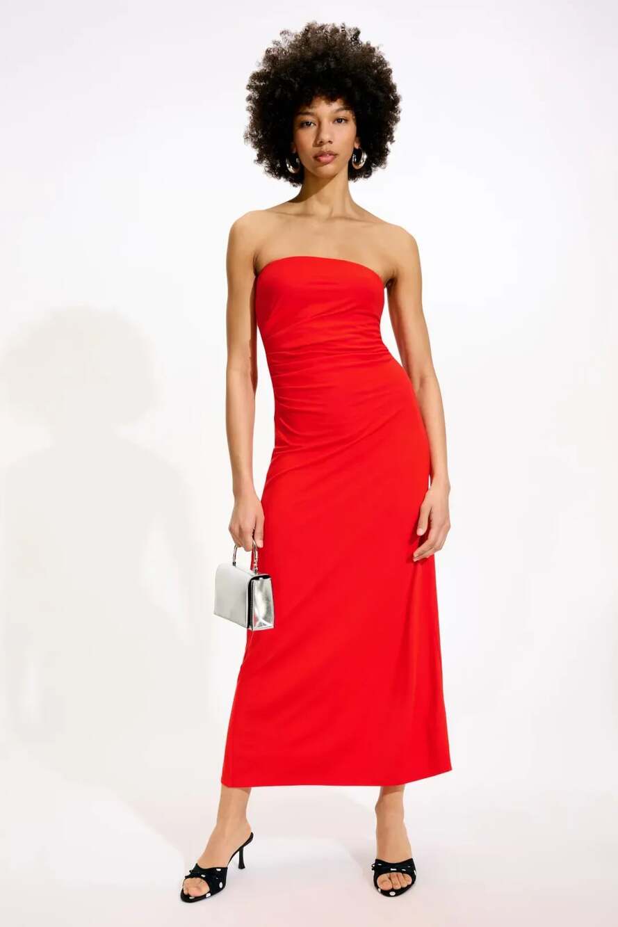 Favorite Daughter Collette Red Strapless Ruched Maxi Dress Size S